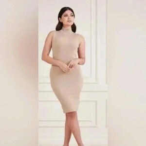Like new Marciano taupe ribbed sexy bodycon day 2 nite midi stretch dress XS